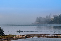 Fishing Boat Passes Burnt Coat Harbor Light in the Fog